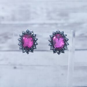 Vintage Clip On Earrings Regal Statement Pink & Black Gems Oval